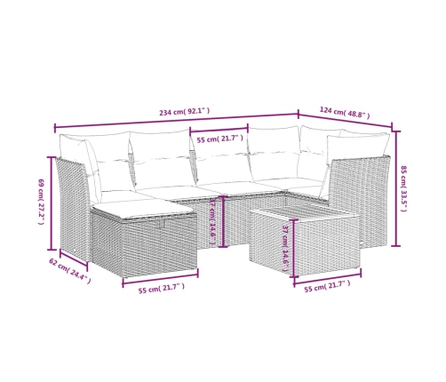 Set de comedor de jardín 7 pzas y cojines ratán sintético negro