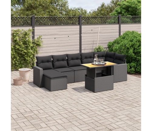 Set de sofás de jardín 8 piezas y cojines ratán sintético negro