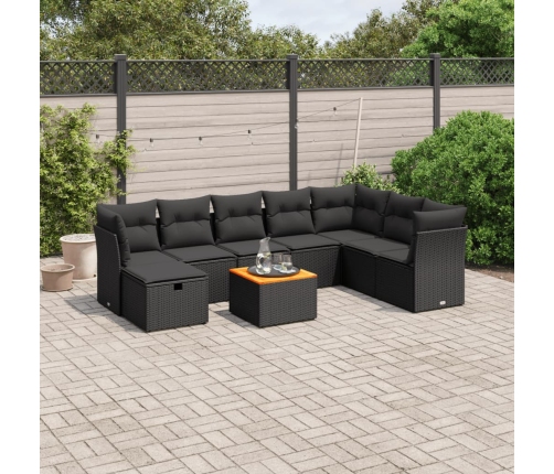 Set de sofás de jardín 8 piezas y cojines ratán sintético negro