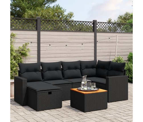 Set de comedor de jardín 7 pzas y cojines ratán sintético negro