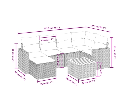 Set de comedor de jardín 7 pzas y cojines ratán sintético negro