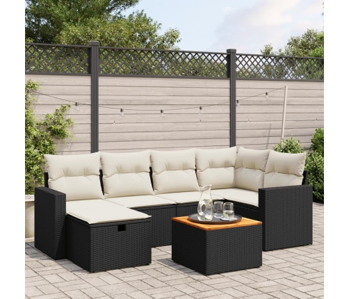 Set de comedor de jardín 7 pzas y cojines ratán sintético negro