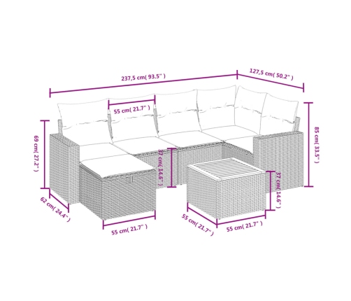 Set de sofás de jardín 7 piezas con cojines ratán PE gris