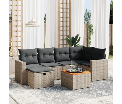 Set de sofás de jardín 7 piezas con cojines ratán PE gris