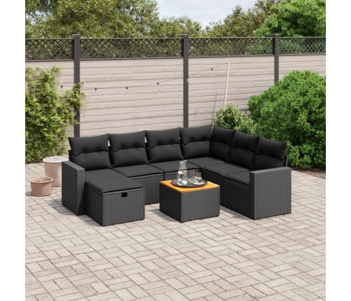 Set de sofás de jardín 8 piezas y cojines ratán sintético negro
