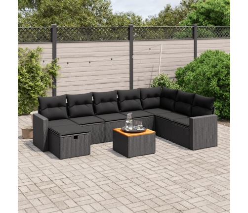 Set de sofás de jardín 8 piezas y cojines ratán sintético negro