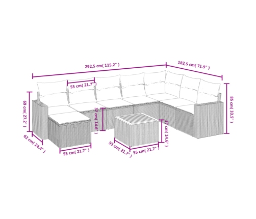 Set de muebles de jardín 9 pzas y cojines ratán sintético gris