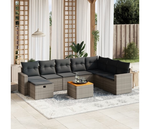 Set de muebles de jardín 9 pzas y cojines ratán sintético gris