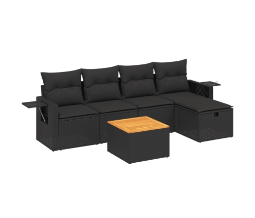 Set de sofás de jardín 6 piezas y cojines ratán sintético negro