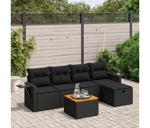 Set de sofás de jardín 6 piezas y cojines ratán sintético negro