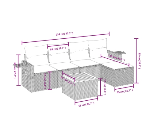 Set de muebles de jardín 6 pzas y cojines ratán sintético gris