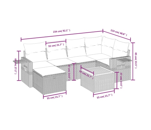 Set sofás de jardín 7 piezas y cojines ratán sintético beige