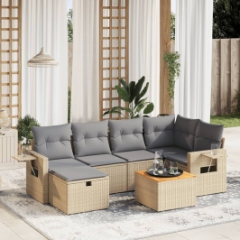 Juego de sofás jardín con cojines beige mezcla 7 pzas ratán PE