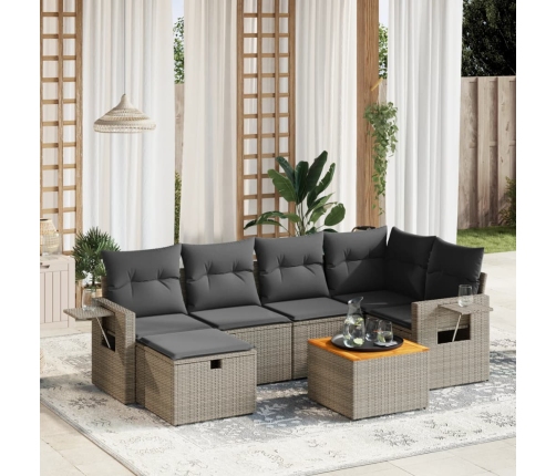 Set de sofás de jardín 7 piezas con cojines ratán PE gris