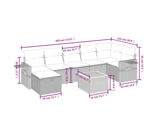 Set de sofás de jardín 8 pzas y cojines ratán sintético gris