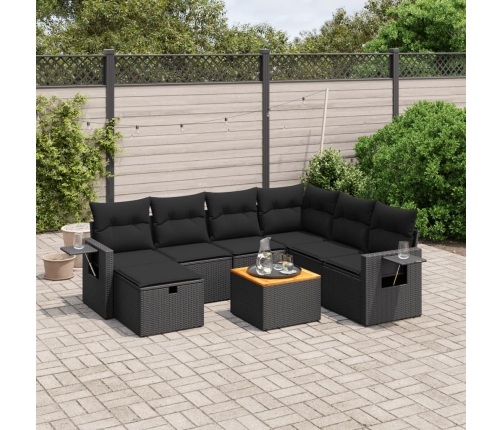 Set de sofás de jardín 8 piezas y cojines ratán sintético negro