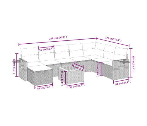 Set de sofás de jardín 9 pzas con cojines ratán sintético beige