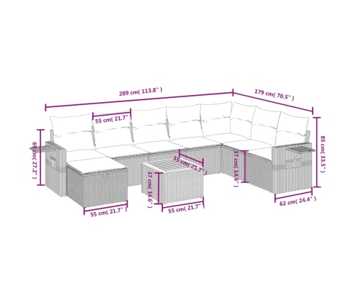 Set de sofás de jardín 9 pzas con cojines ratán sintético beige