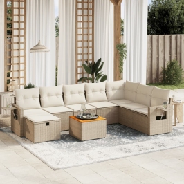 Set de sofás de jardín 9 pzas con cojines ratán sintético beige