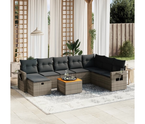 Set de muebles de jardín 9 pzas y cojines ratán sintético gris
