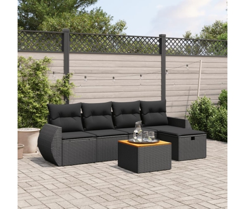 Set de sofás de jardín 6 piezas y cojines ratán sintético negro