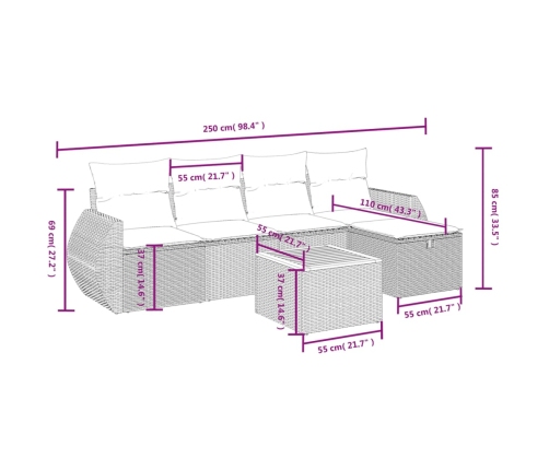 Set de muebles de jardín 6 pzas y cojines ratán sintético gris