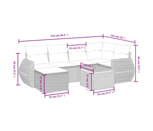 Set de comedor de jardín 7 pzas y cojines ratán sintético negro