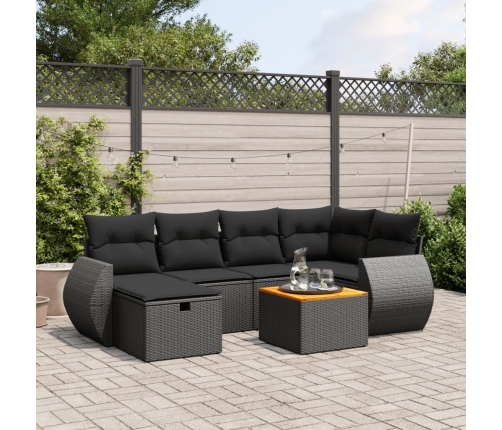 Set de comedor de jardín 7 pzas y cojines ratán sintético negro