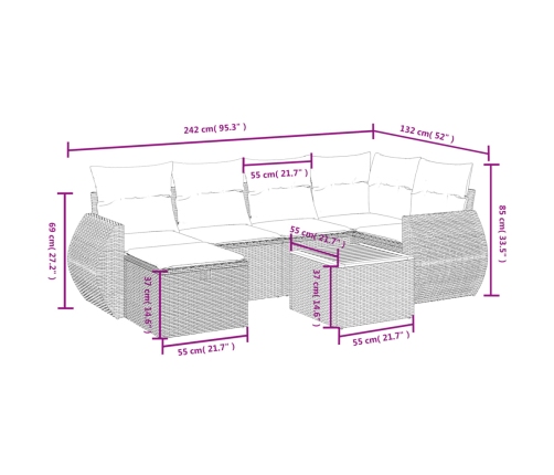 Set de comedor de jardín 7 pzas y cojines ratán sintético negro
