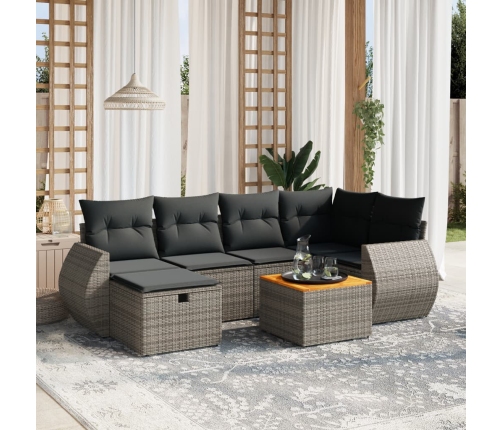 Set de sofás de jardín 7 piezas con cojines ratán PE gris