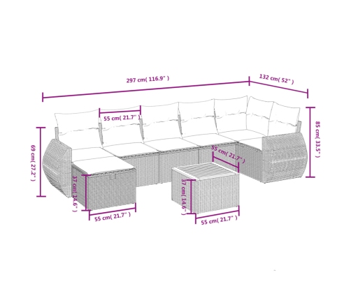Set de sofás de jardín 8 pzas y cojines ratán sintético gris