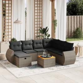 Set de sofás de jardín 8 pzas y cojines ratán sintético gris