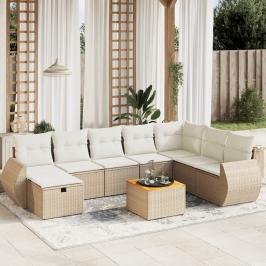 Set de sofás de jardín 9 pzas con cojines ratán sintético beige