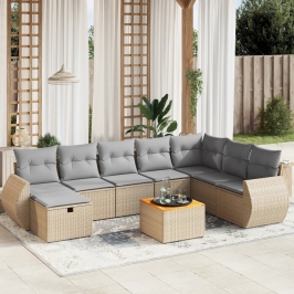 Juego de sofás jardín con cojines beige mezcla 9 pzas ratán PE