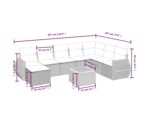 Set de muebles de jardín 9 pzas y cojines ratán sintético gris