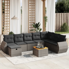 Set de muebles de jardín 9 pzas y cojines ratán sintético gris