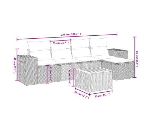 Set de muebles de jardín 6 pzas y cojines ratán sintético gris