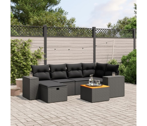 Set de comedor de jardín 7 pzas y cojines ratán sintético negro