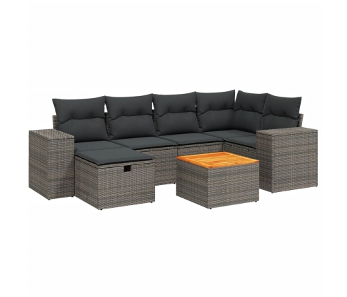 Set de sofás de jardín 7 piezas con cojines ratán PE gris