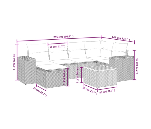 Set de sofás de jardín 7 piezas con cojines ratán PE gris