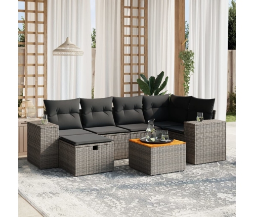 Set de sofás de jardín 7 piezas con cojines ratán PE gris