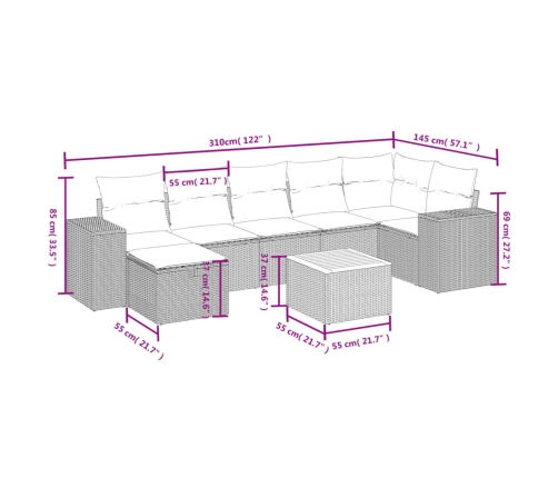 Set de sofás de jardín 8 pzas y cojines ratán sintético gris