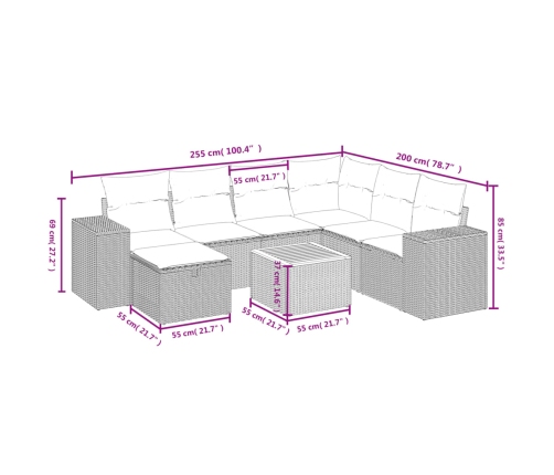 Set de sofás de jardín 8 pzas y cojines ratán sintético gris