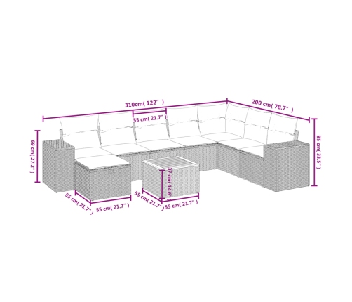Set de sofás de jardín 8 piezas y cojines ratán sintético negro