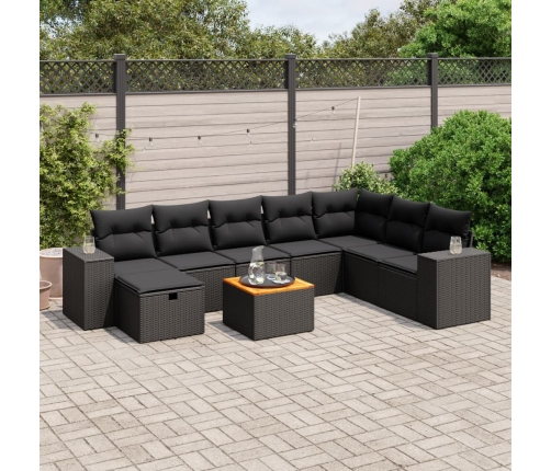 Set de sofás de jardín 8 piezas y cojines ratán sintético negro