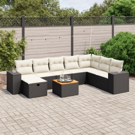 Set de sofás de jardín 8 piezas y cojines ratán sintético negro