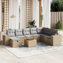Juego de sofás jardín con cojines beige mezcla 9 pzas ratán PE