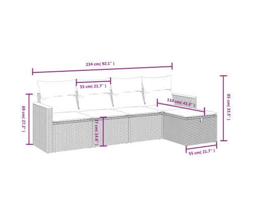 Set de muebles de jardín 5 pzas y cojines ratán sintético negro