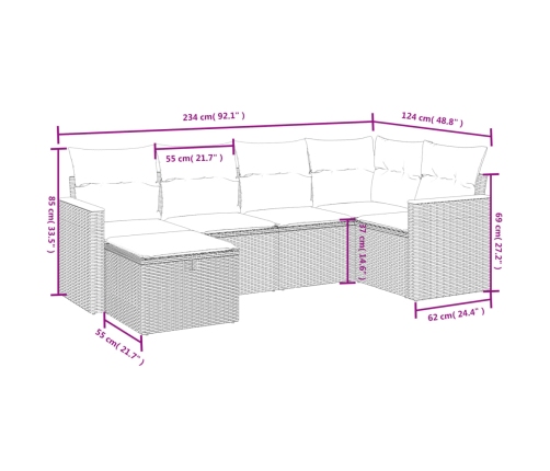 Set de muebles de jardín 6 pzas y cojines ratán sintético gris