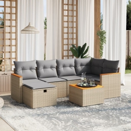Juego de sofás jardín con cojines beige mezcla 7 pzas ratán PE